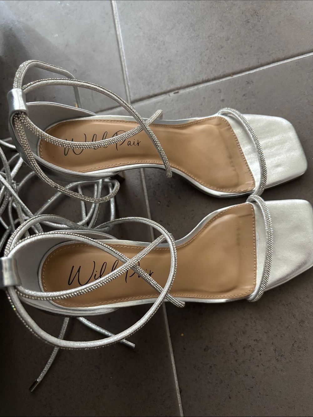 Wild Pair Metallic Silver Lace-Up Square Toe Heels